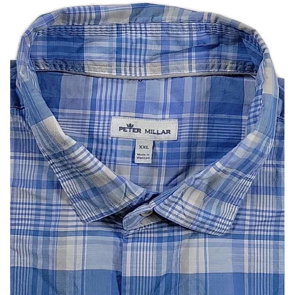 Peter Millar Shirt Men XXL BLUE Plaid Short Sleeve Button Up Casual COTTON BLEND